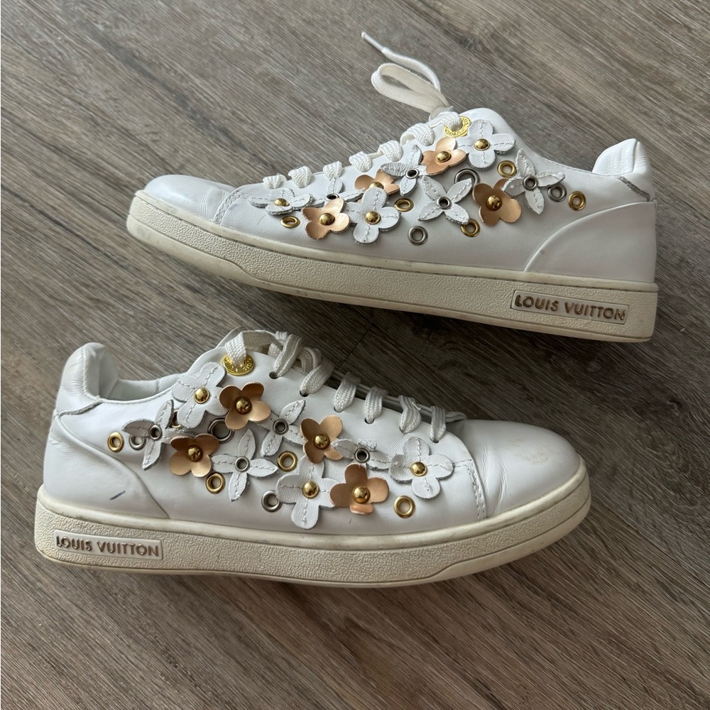 Louis Vuitton White and Gold Floral Sneakers